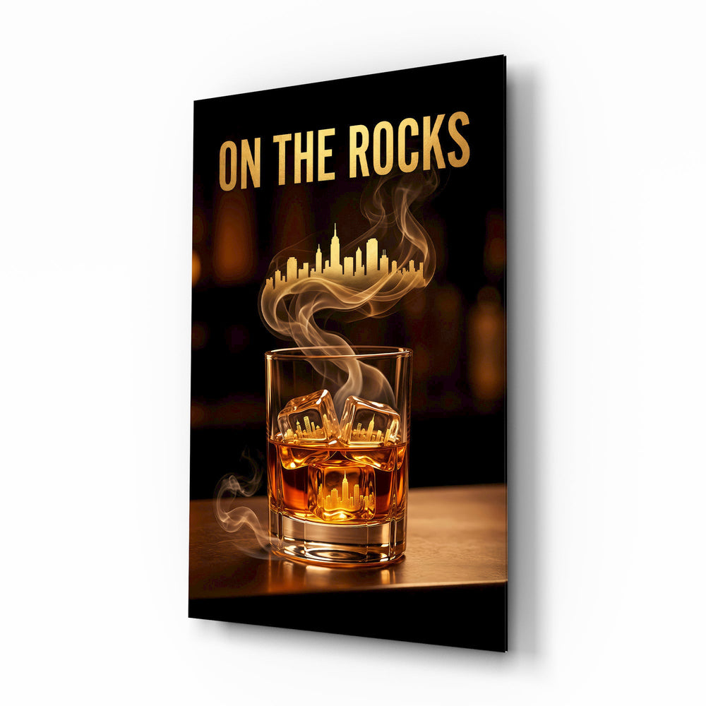 On the Rocks Gold Whiskey Skyline Glass Wall Art - Lifestyle preview in a designer interior