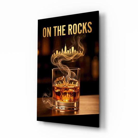 On the Rocks Gold Whiskey Skyline Glass Wall Art - Lifestyle preview in a designer interior