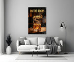whiskey glass with a golden skyline panel bringing character to a minimalist living room wall