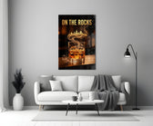 whiskey glass with a golden skyline panel bringing character to a minimalist living room wall