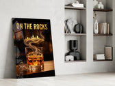whiskey glass with a golden skyline panel resting in a shelving niche in a modern interior