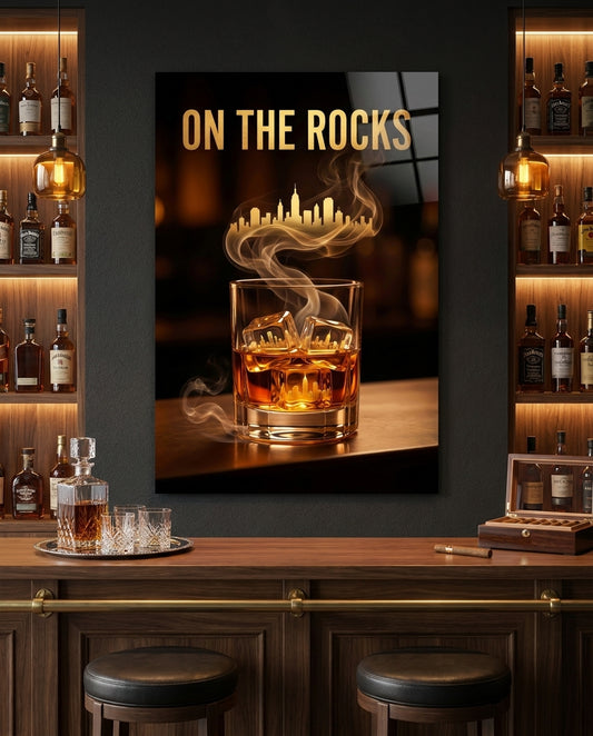 On the Rocks Gold Whiskey Skyline Glass Wall Art