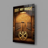 hot rod garage tool wall glass wall art angled to show the polished tempered glass panel