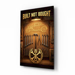Built Not Bought Hot Rod Garage Glass Wall Art - Lifestyle preview in a designer interior