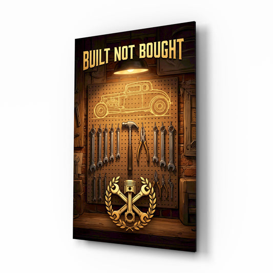 Built Not Bought Hot Rod Garage Glass Wall Art - Lifestyle preview in a designer interior