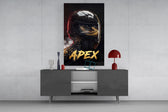 black racing helmet with a track reflection glass wall art displayed above a console in a designer interior