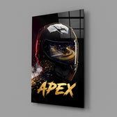 black racing helmet with a track reflection glass wall art angled to show the polished tempered glass panel