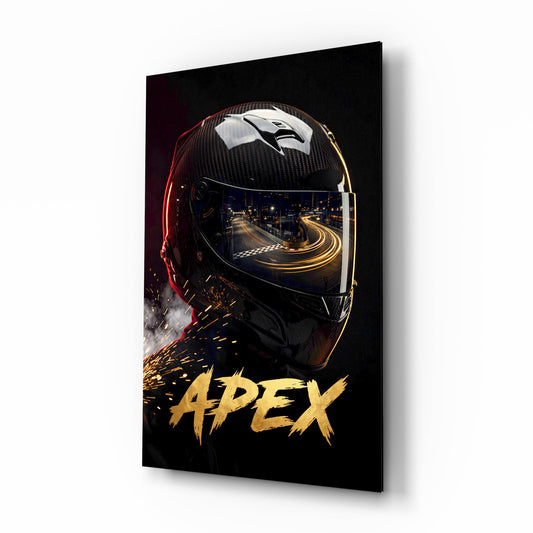 Apex Black Racing Helmet Glass Wall Art - Lifestyle preview in a designer interior