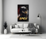 black racing helmet with a track reflection panel bringing character to a minimalist living room wall