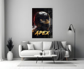 black racing helmet with a track reflection panel bringing character to a minimalist living room wall
