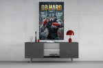 a boxing wolf with red hand wraps glass wall art displayed above a console in a designer interior