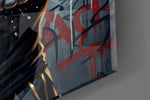 Close-up detail of the red hand wraps and the wolf's glowing amber eyes on the glass surface