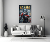 a boxing wolf with red hand wraps panel bringing character to a minimalist living room wall