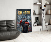 a boxing wolf with red hand wraps glass wall art leaning beside a dark leather sofa