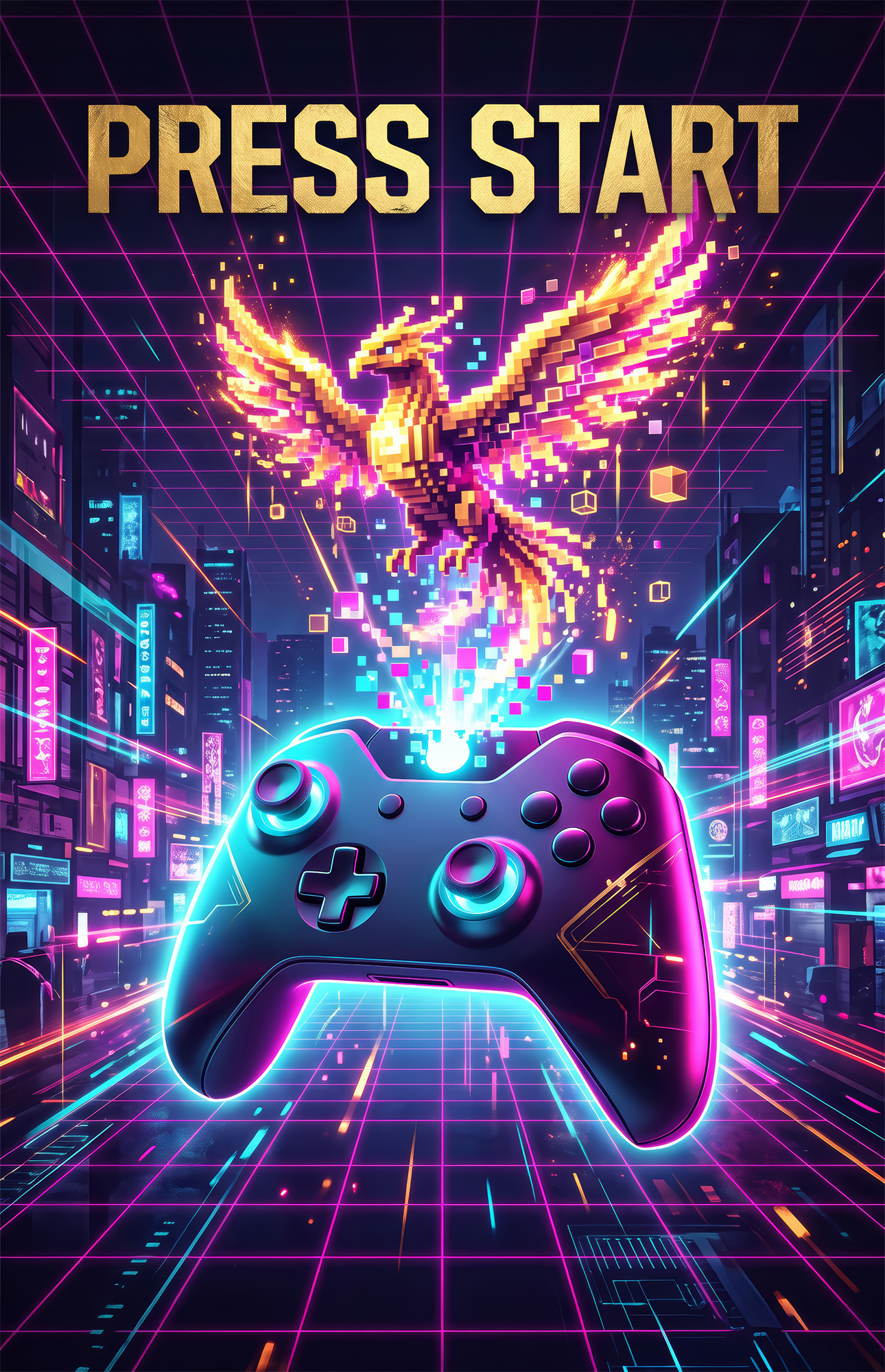 Press Start Neon Phoenix Gaming Glass Wall Art