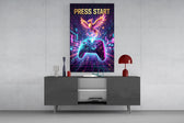 a neon game controller and pixel phoenix glass wall art displayed above a console in a designer interior
