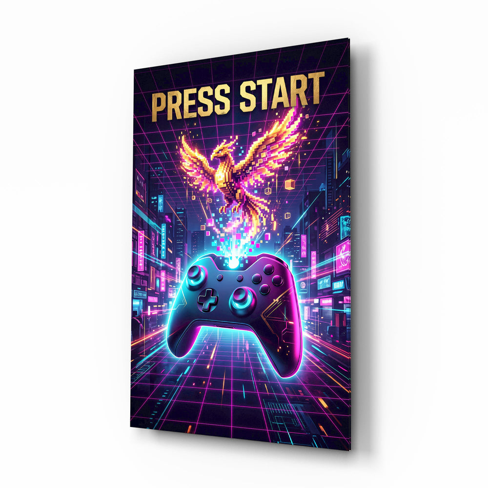 Press Start Neon Phoenix Gaming Glass Wall Art - Lifestyle preview in a designer interior
