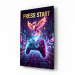 Press Start Neon Phoenix Gaming Glass Wall Art - Lifestyle preview in a designer interior