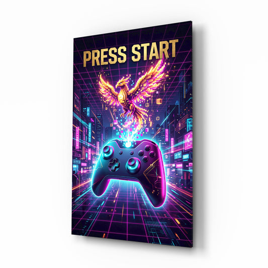 Press Start Neon Phoenix Gaming Glass Wall Art - Lifestyle preview in a designer interior