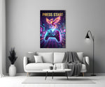 a neon game controller and pixel phoenix panel bringing character to a minimalist living room wall