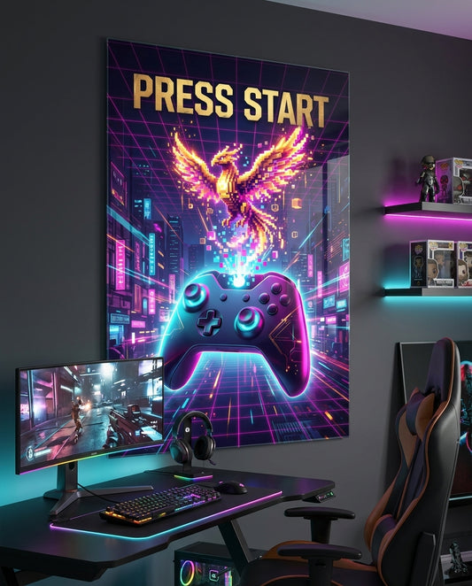 Press Start Neon Phoenix Gaming Glass Wall Art
