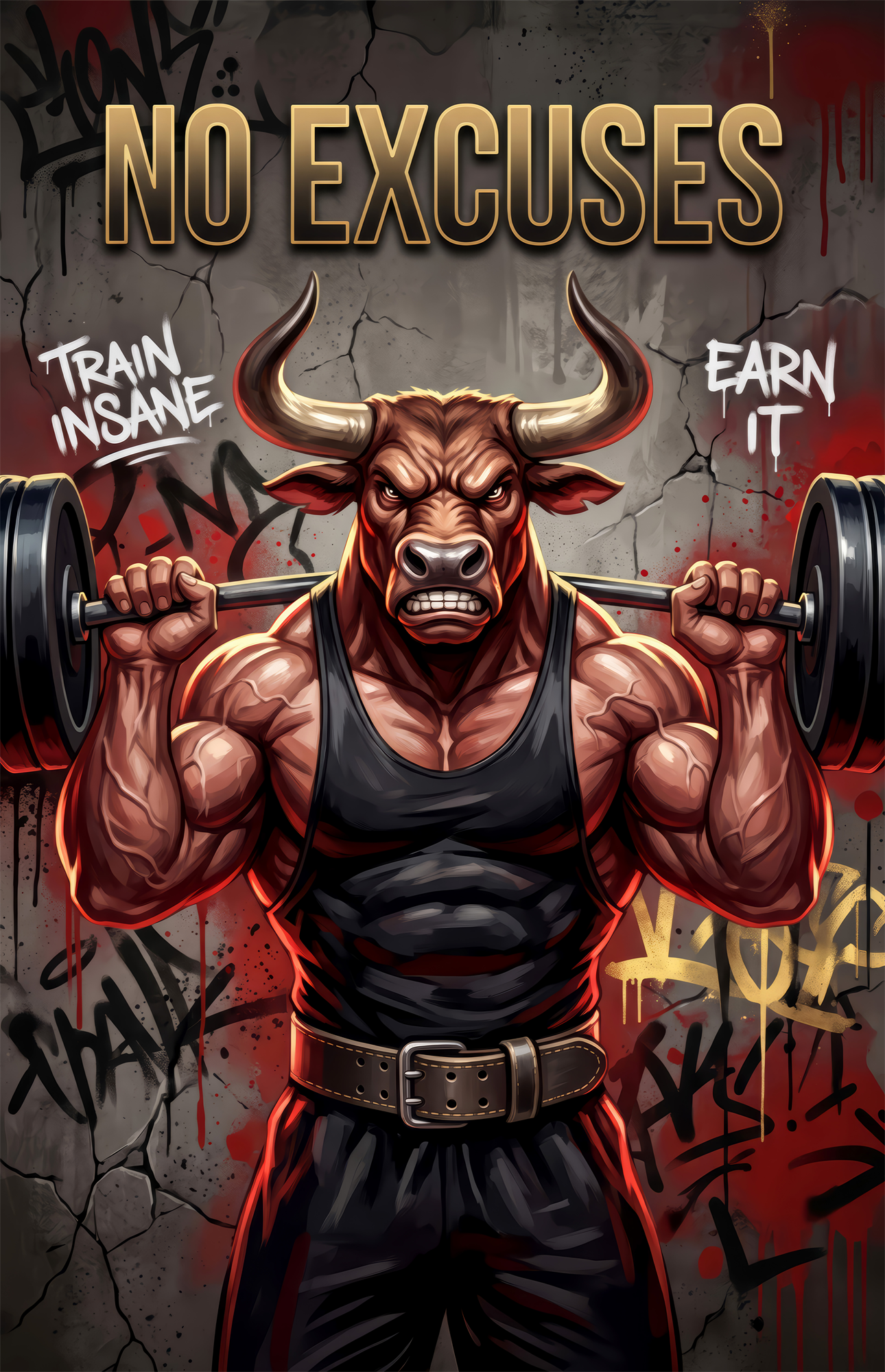 No Excuses Weightlifting Bull Glass Wall Art