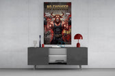 a weightlifting bull with a barbell glass wall art displayed above a console in a designer interior