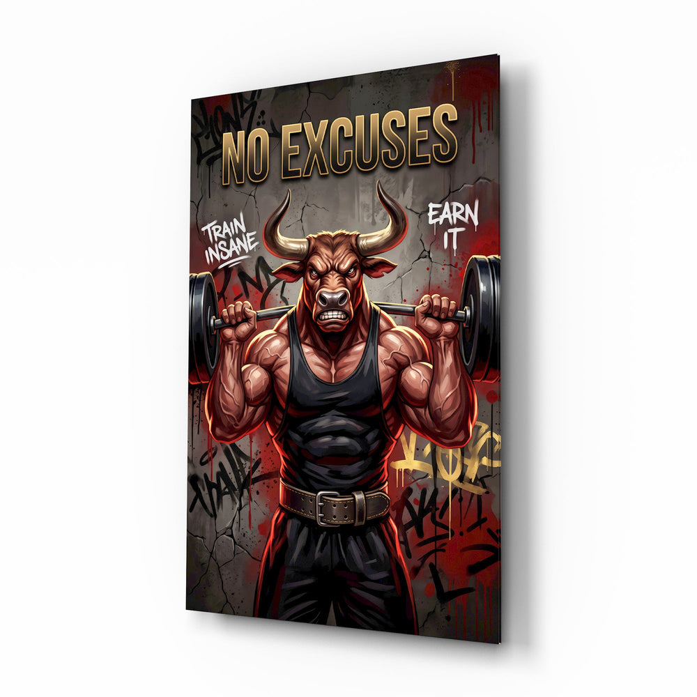 No Excuses Weightlifting Bull Glass Wall Art - Lifestyle preview in a designer interior