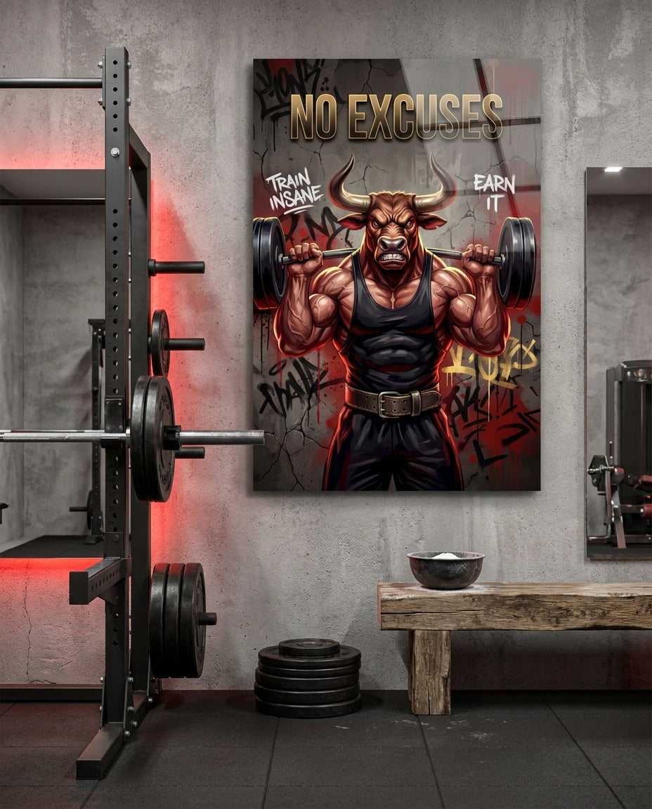 No Excuses Weightlifting Bull Glass Wall Art