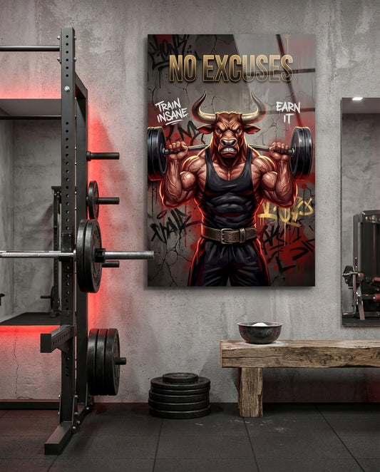 No Excuses Weightlifting Bull Glass Wall Art