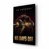 No Days Off Gold Barbell Gym Glass Wall Art - Lifestyle preview in a designer interior