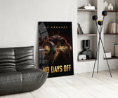 no days off gold barbell motivation glass wall art leaning beside a dark leather sofa