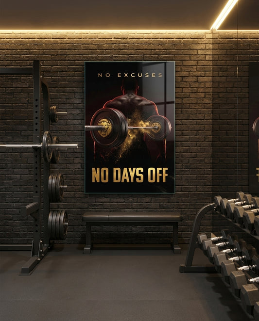 No Days Off Gold Barbell Gym Glass Wall Art