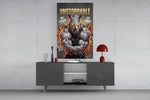 unstoppable muscular rhino bodybuilder glass wall art displayed above a console in a designer interior