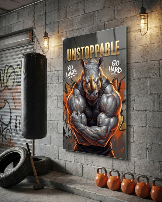 Unstoppable Muscular Rhino Glass Wall Art