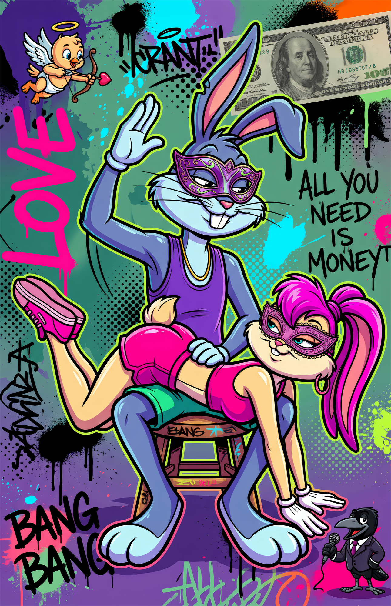 Love and Money Cartoon Rabbit Pop Art Glass Wall Art