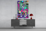 love and money cartoon rabbit graffiti glass wall art displayed above a console in a designer interior