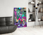 love and money cartoon rabbit graffiti glass wall art leaning beside a dark leather sofa