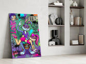 love and money cartoon rabbit graffiti panel resting in a shelving niche in a modern interior