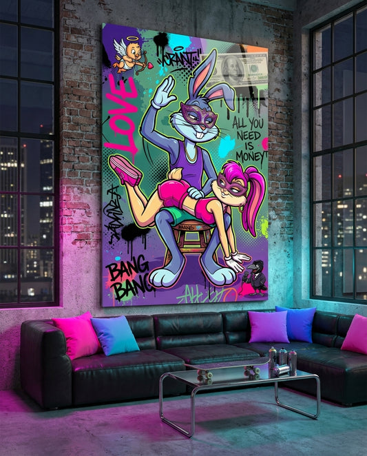 Love and Money Cartoon Rabbit Pop Art Glass Wall Art