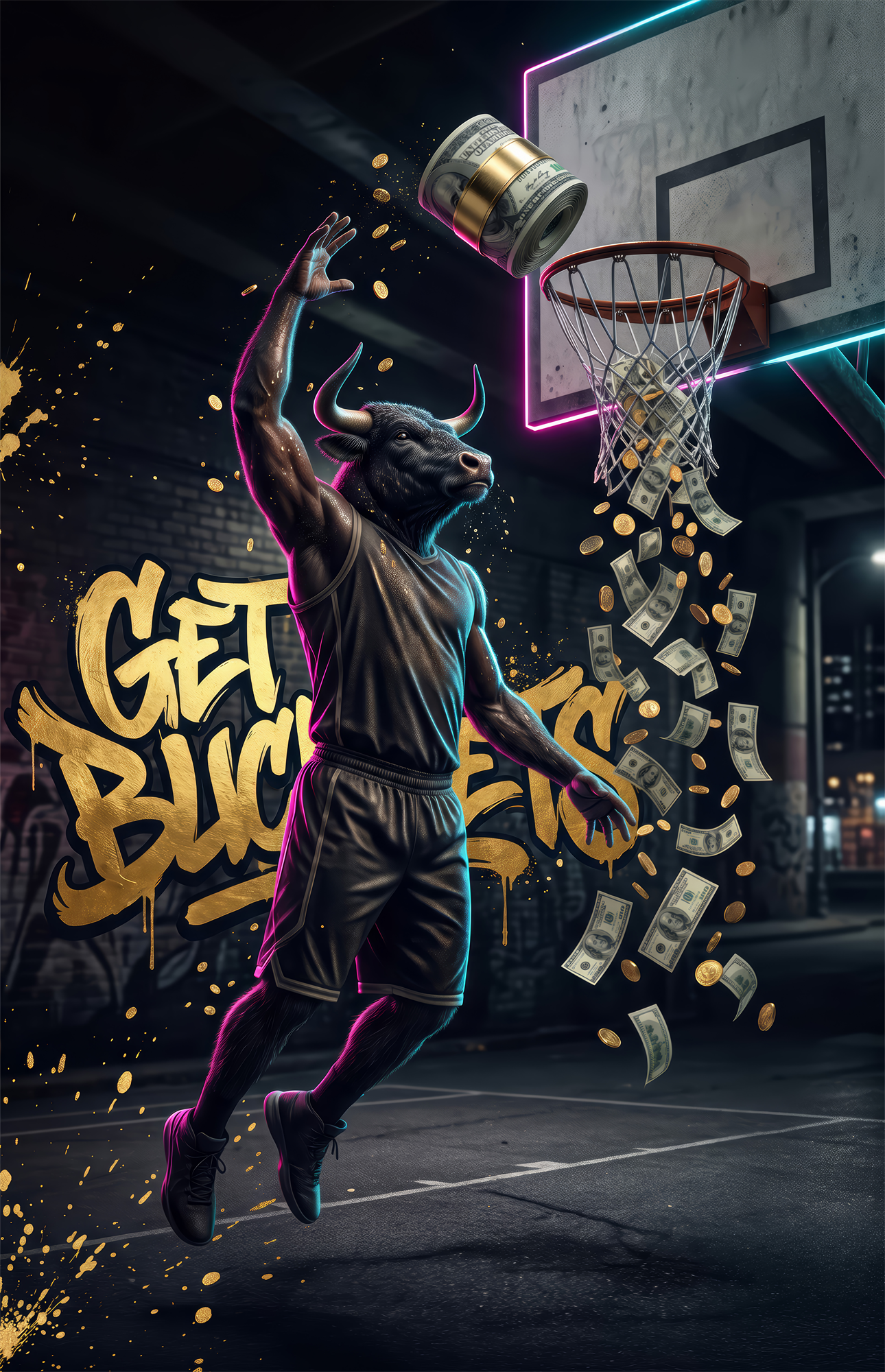 Get Buckets Bull Baller Money Dunk Glass Wall Art