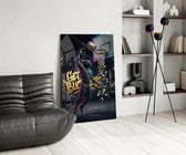 get buckets bull baller money dunk glass wall art leaning beside a dark leather sofa
