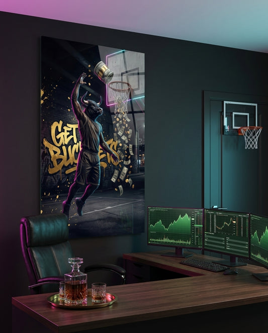 Get Buckets Bull Baller Money Dunk Glass Wall Art