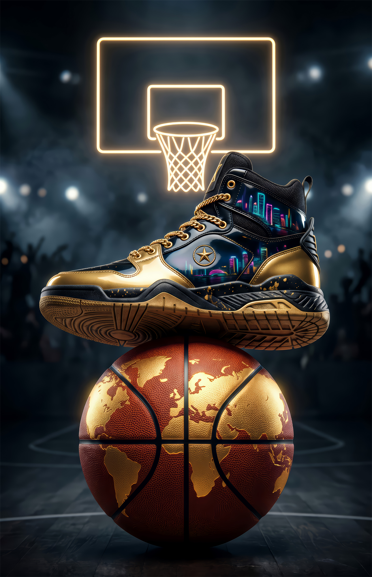 Gold High-Top Sneaker World Basketball Glass Wall Art