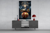 gold sneaker on a world-map basketball glass wall art displayed above a console in a designer interior