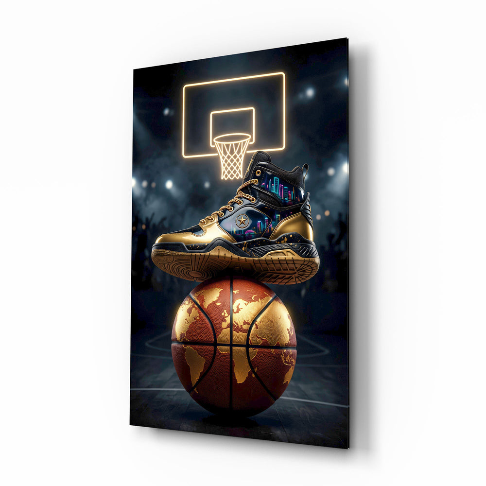 Gold High-Top Sneaker World Basketball Glass Wall Art - Lifestyle preview in a designer interior