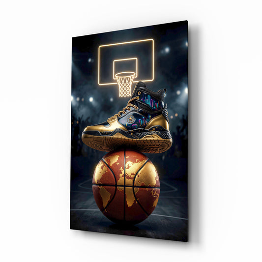 Gold High-Top Sneaker World Basketball Glass Wall Art - Lifestyle preview in a designer interior
