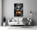 gold sneaker on a world-map basketball panel bringing character to a minimalist living room wall