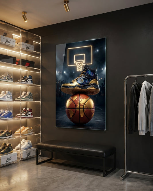 Gold High-Top Sneaker World Basketball Glass Wall Art