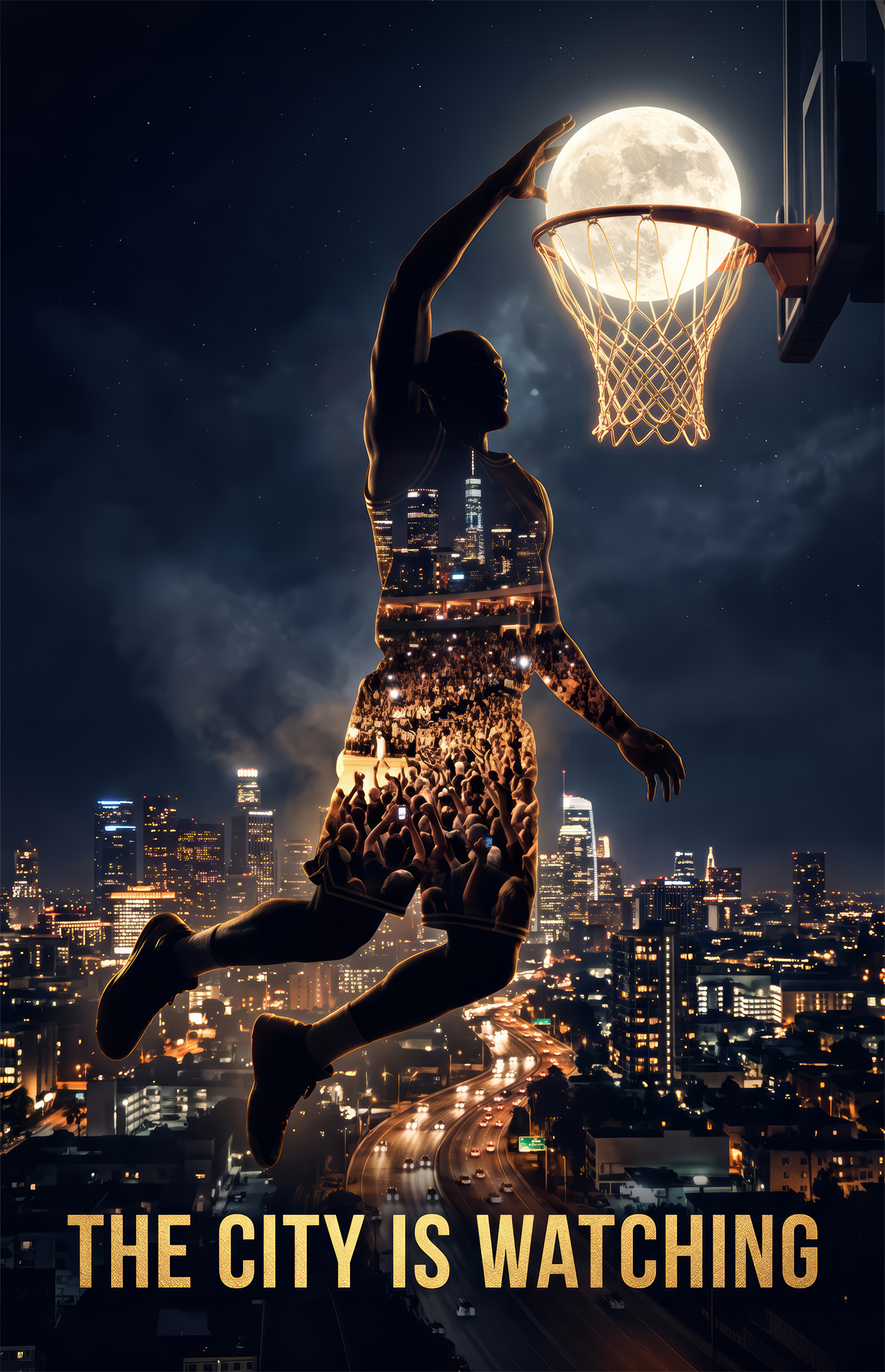 The City Is Watching Moonlit Slam Dunk Glass Wall Art